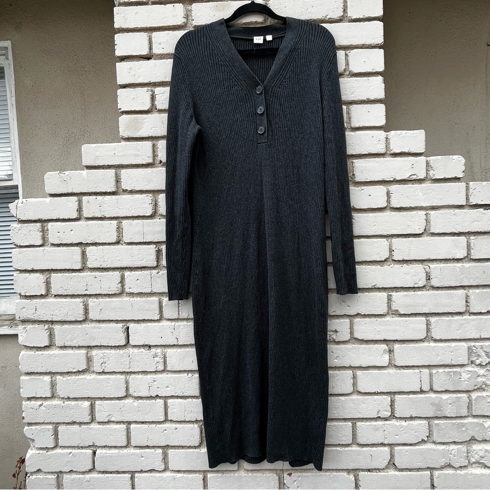 Gap Button Down Ribbed Long Sleeve Sweater Dress in Gray - Size XL